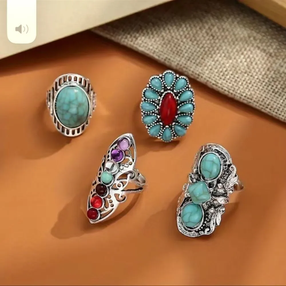 4-piece turquoise chakra bohemian ring